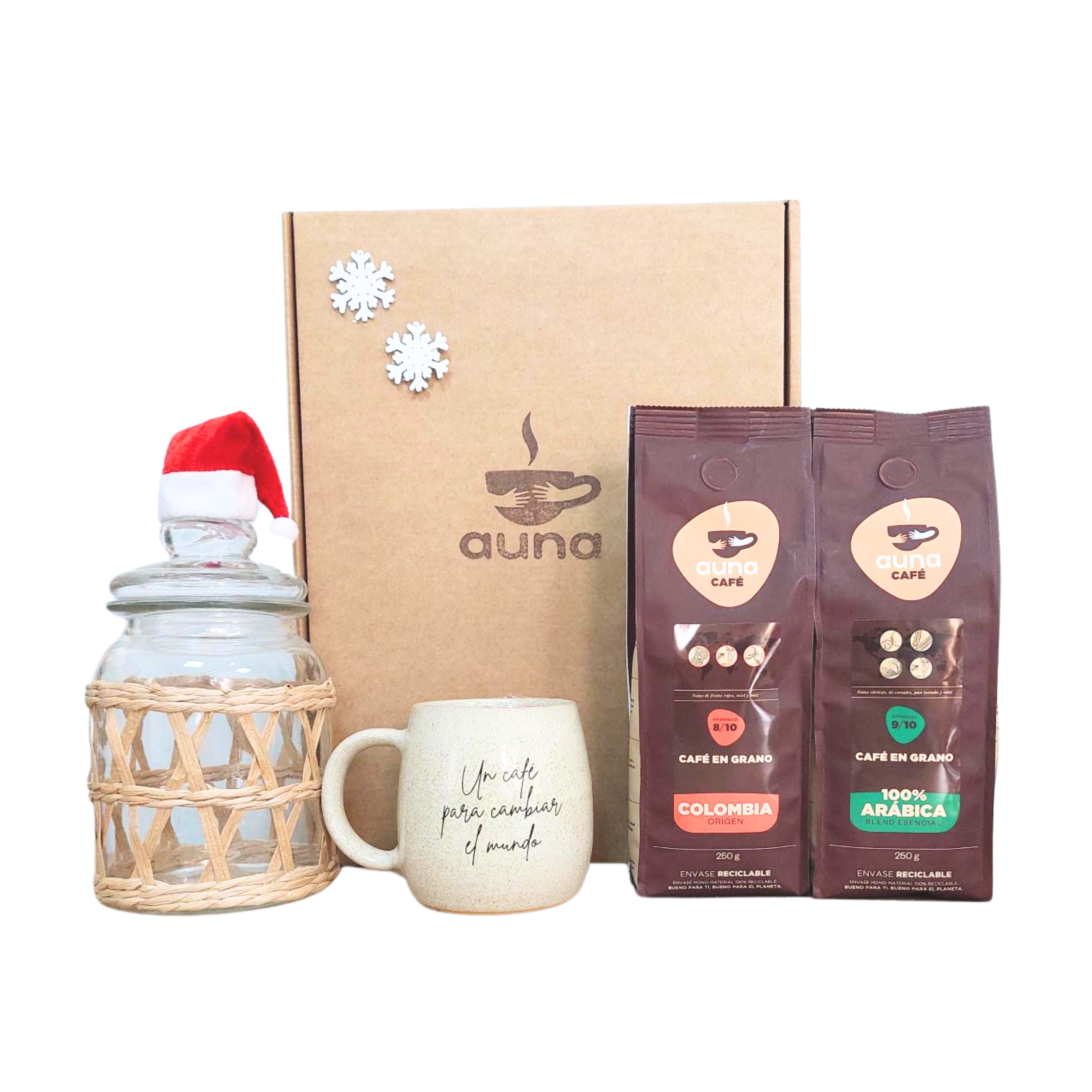 Caja regalo marrón con el logo de Auna, con bote de cistral, taza y dos cafés en grano image number null